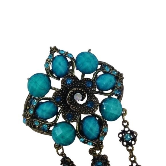 Ring Slave Bracelet Combo Hand Chain Silver Turquoise Adjustable Spring Cuff - Picture 8 of 8